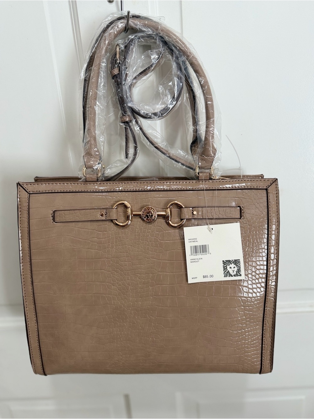 Anne Klein Taupe Croc-Embossed Satchel with Gold Hardware